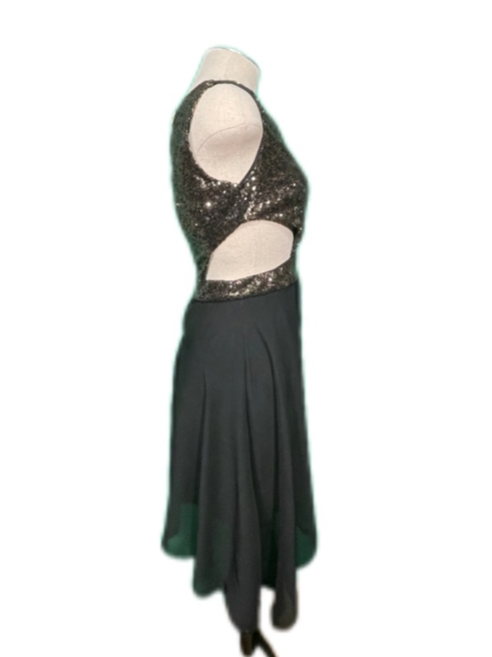 Vintage Black Gold Sequin Dress | Chiffon Skirt Side Cutouts | Small Extra Small - Picture 4 of 12